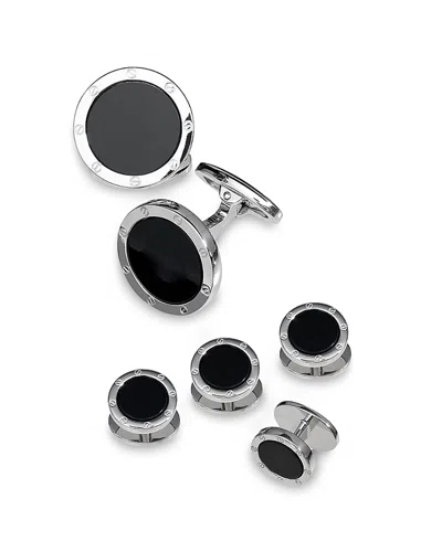 JAN LESLIE ROUND RIVET ETCHED STERLING SILVER & ONYX STUD & CUFFLINK SET
