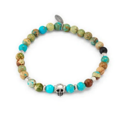Jan Leslie Sterling Silver Skull Chrysocolla & Agate Stretch Bracelet In Multi