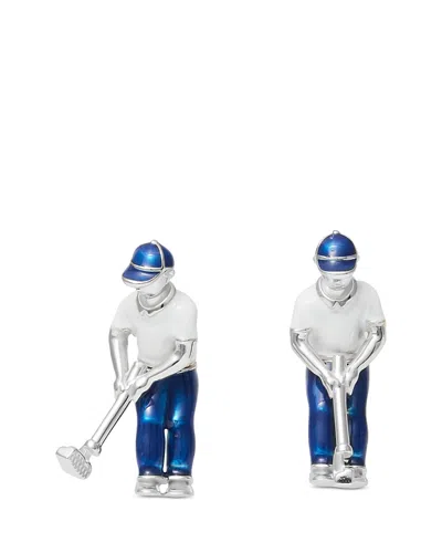 Jan Leslie Swinging Golfer Hand Painted Sterling Silver Cufflinks In Blue