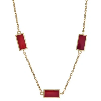 Jan Leslie Three Station Rectangle Dash Necklace In Sterling 18k Gold Overlay In Red
