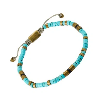 Jan Leslie Turquoise And Brass Beaded Pull Cord Closure Bracelet In Blue
