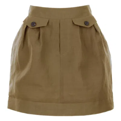 Jana Coshè Women's Brown Dark Mustard Linen Mini Skirt With Pleats And Pocket Flaps In Green