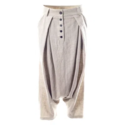 Jana Coshè Women's Neutrals Natural Linen Harem Pants Drop Crotch Pleated Trousers
