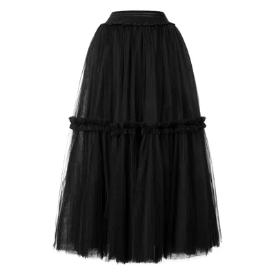 Jana Coshè Women's Ruffled Tulle Maxi Skirt In Black – Tiered Hem And Shimmer Waistband