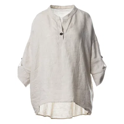 Jana Coshè Women's White Natural Linen Oversized Shirt With Mandarin Collar And Horn Button
