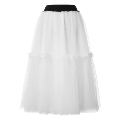 Jana Coshè Women's White Ruffled Tulle Maxi Skirt In Ivory – Tiered Hem And Shimmer Waistband