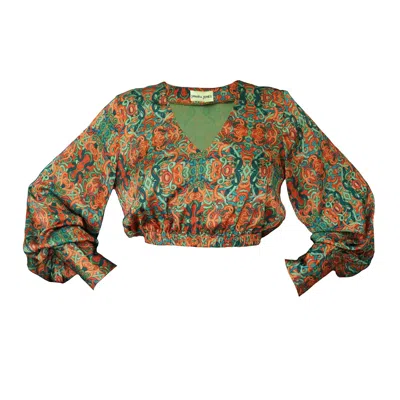 Janara Jones Women's Brown / Yellow / Orange Snakes Print Satin Long Sleeve V-neck Blouse In Brown/yellow/orange