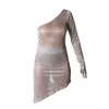 Janara Jones Women's Golden Shimmering Mesh Cold Shoulder Asymmetric Bodycon Mini Dress In Gold