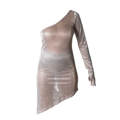 Janara Jones Women's Golden Shimmering Mesh Cold Shoulder Asymmetric Bodycon Mini Dress