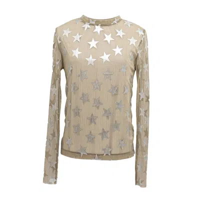 Janara Jones Women's Golden Silver Stars Shimmering Mesh Crew-neck Long-sleeve Stretch Top