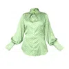 Janara Jones Women's Green Matcha Latte Satin Long Sleeve Large Collar Blouse In Green