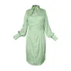 Janara Jones Women's Green Matcha Latte Satin Long Sleeve Midi Shirt Dress With Buttons In Green