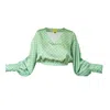 Janara Jones Women's Green Matcha Latte Satin Long Sleeve V-neck Blouse In Green