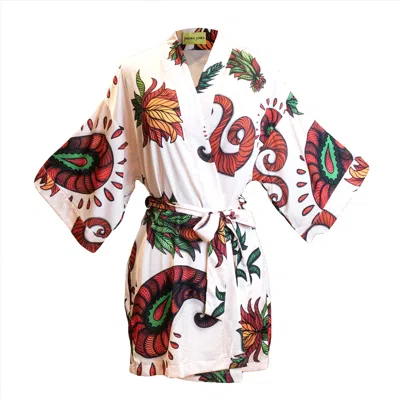 Janara Jones Women's Neutrals / White Paisley Print Satin Long Sleeve Short Robe