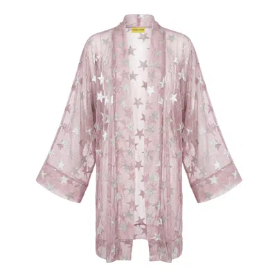 Janara Jones Women's Pink Silver Stars Shimmering Mesh Short Kimono Kaftan