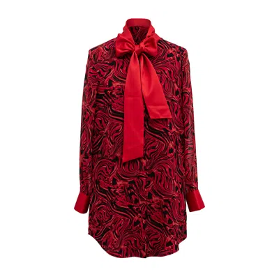 Janara Jones Women's Red / Black Lava Print Chiffon Long-sleeve Mandarin Collar With Tie Blouse In Red/black