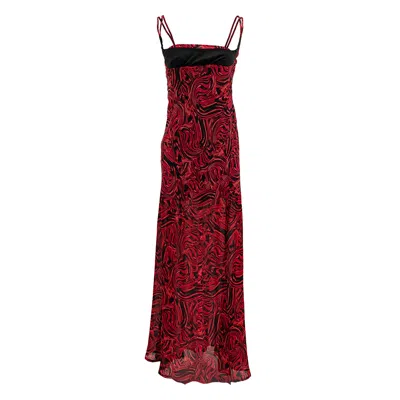 Janara Jones Women's Red / Black Lava Print Chiffon Straight-neck Bias-cut Slit Maxi Dress In Red/black