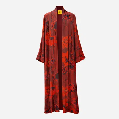 Janara Jones Women's Red Burgundy Floral Bomb Satin Abaya Kaftan