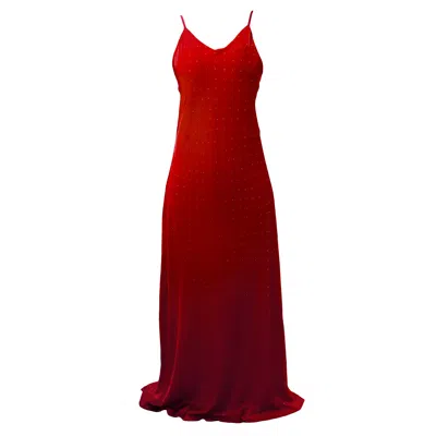 Janara Jones Women's Red Rhinestones Satin Cami-slip V-neck Maxi Dress In Burgundy