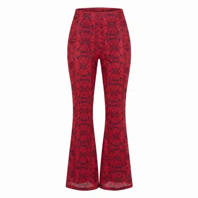 Janara Jones Women's Red Snakes Print Mesh High-waist Flared Volk Pants
