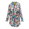 Janara Jones Women's White / Blue Miracle Garden Satin Long-sleeve Mandarin Collar With Tie Blouse In White/blue