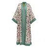Janara Jones Women's White Fishing Flies Print Satin Long Abaya Kaftan In White