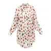 Janara Jones Women's White Fishing Flies Print Satin Long-sleeve Mandarin Collar With Tie Blouse In White