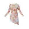 Janara Jones Women's Yellow / Orange Orange Tie Dye Synthetic Long Sleeve Asymmetric Bodycon Ribbed Mini Dress Co In Yellow/orange