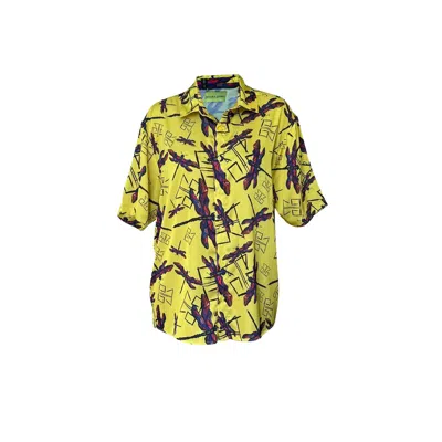 Janara Jones Women's Yellow / Orange Unisex Yellow Dragonfly Print Satin Short Sleeve Shirt