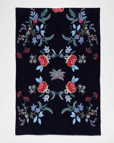 Janavi India Embroidered Floral Cashmere & Silk Scarf In Navy Blazer
