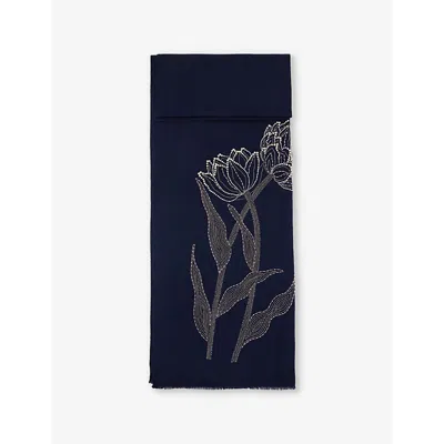 Janavi India Womens Floral Rhinestone-embellished Wool Scarf Navy Blazer