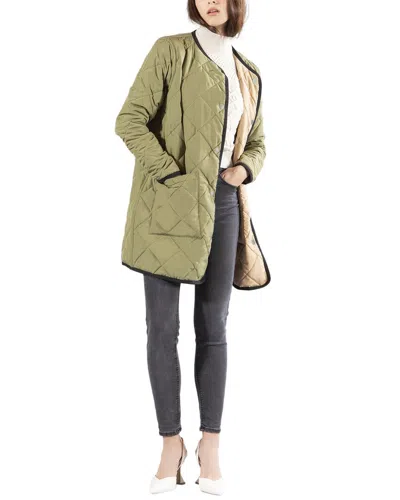 Jane Post Long Reversible Collarless Quilted Coat In Green