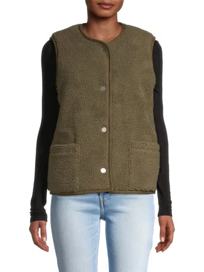 Jane Post Women's Reversible Faux Shearling Snap Front Vest In Olivestone