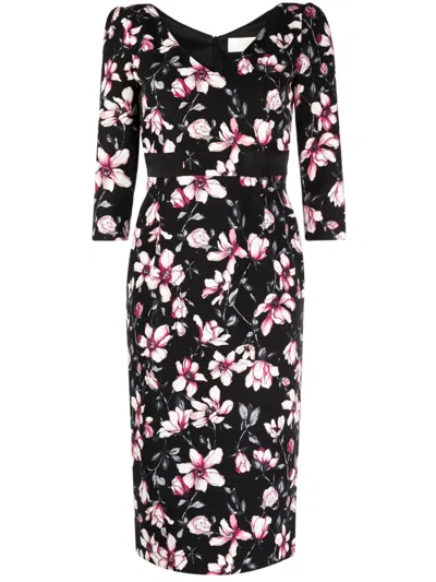 Jane Scarlet Magnolia-print Midi Dress In 黑色