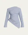 Jane Wade Asymmetric Pinstripe Button-sleeve Blouse In Blue