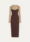 Jane Wade Long-sleeve Combo Midi Dress In Chocolate / Tan