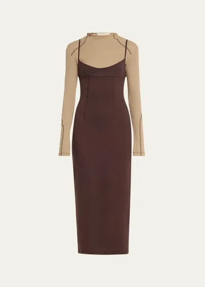 Jane Wade Long-sleeve Combo Midi Dress In Chocolate / Tan