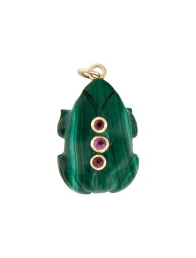 Pre-owned Jane Win 10k Malachite & Tourmaline Lucky Frog Pendant In Multi