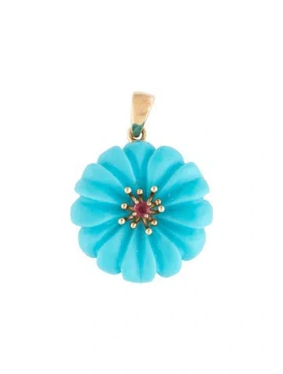 Pre-owned Jane Win 10k Sapphire & Resin Flower Pendant, 1.5" In Blue