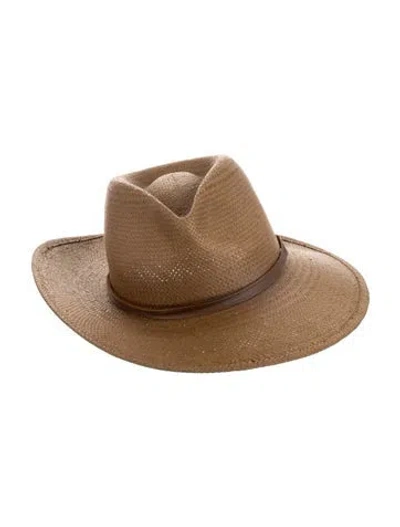 Pre-owned Janessa Leone Beige With Leather Strap Whipstitch Fedora Hat In Neutral