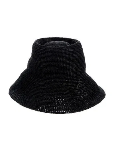 Pre-owned Janessa Leone Knit Straw Bucket Hat In Black