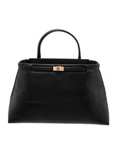 Pre-owned Janessa Leone Leather Top Handle Bag In Black
