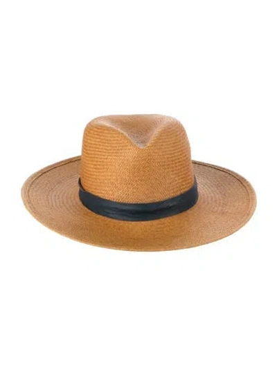 Pre-owned Janessa Leone Leather Trim Straw Fedora Hat In Neutrals