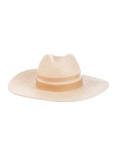 Pre-owned Janessa Leone Neutral  Straw Hat With Leather Trim Embellishment. Designer Size Medium