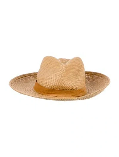 Pre-owned Janessa Leone Neutral Straw  Jannesa Leone Hat With Trim Embellishment