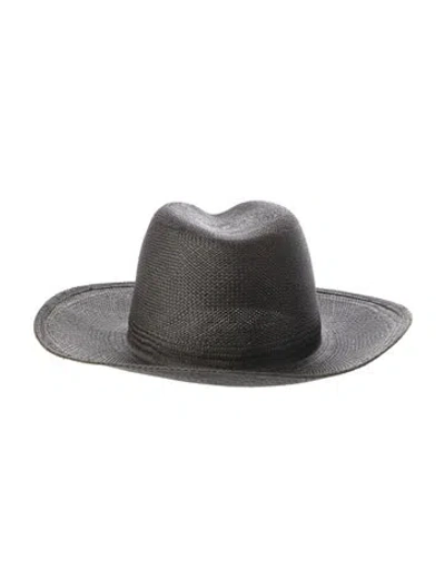Pre-owned Janessa Leone Raffia Fedora Hat In Black