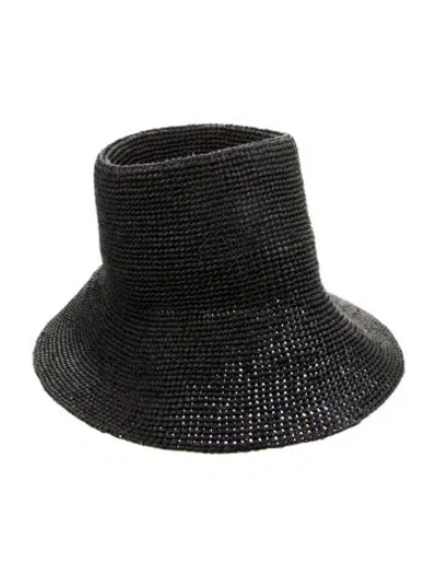 Pre-owned Janessa Leone Raffia Straw Solid Hat In Black