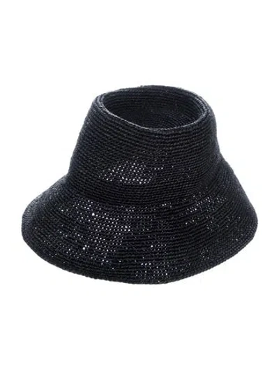 Pre-owned Janessa Leone Raffia Straw Sun Hat In Black