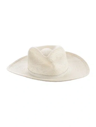 Pre-owned Janessa Leone Straw Fedora Hat In White