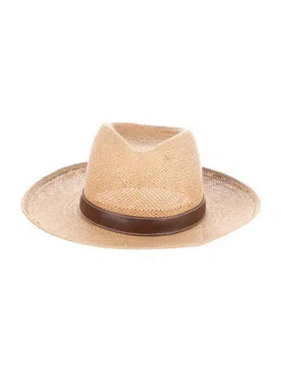 Pre-owned Janessa Leone Straw Sun Hat With Leather Acccent In Neutral